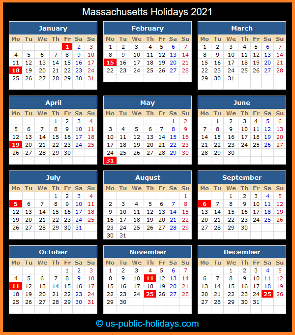 Massachusetts Holiday Calendar 2021